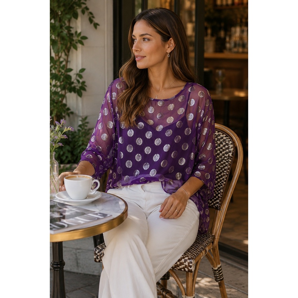 Francesca's Purple Sheer Metallic Silver Sunburst Blouse Large